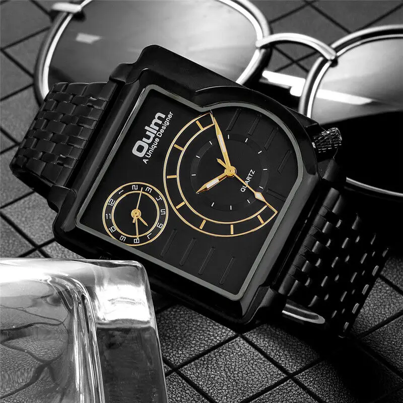 Dual Time Zone Casual Mens Watch Oulm Military Army Quartz Analog Wristwatch Full Steel Band