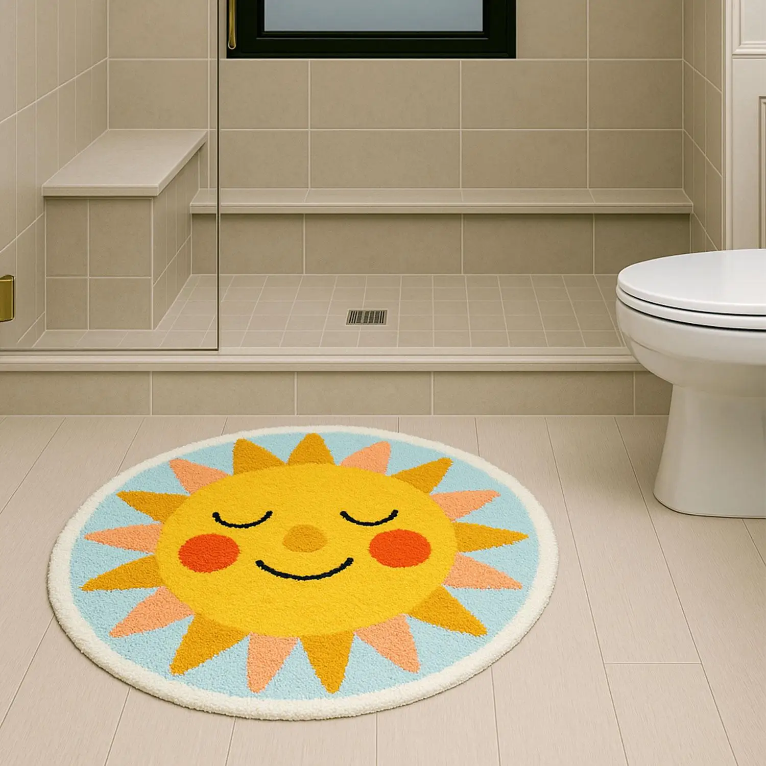 

Sun Bath Mat Round Cute Sunshine Bathroom Rugs Soft and Fluffy Water Absorbent Bath Rug Machine Washable Bathroom Mat