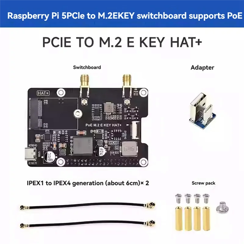 B18B pour Raspberry Pi 5 Pcie à M.2 E KEY avec chapeau Poe + prend en charge la carte réseau sans fil NGFF/Bluetooth pour RPI 5