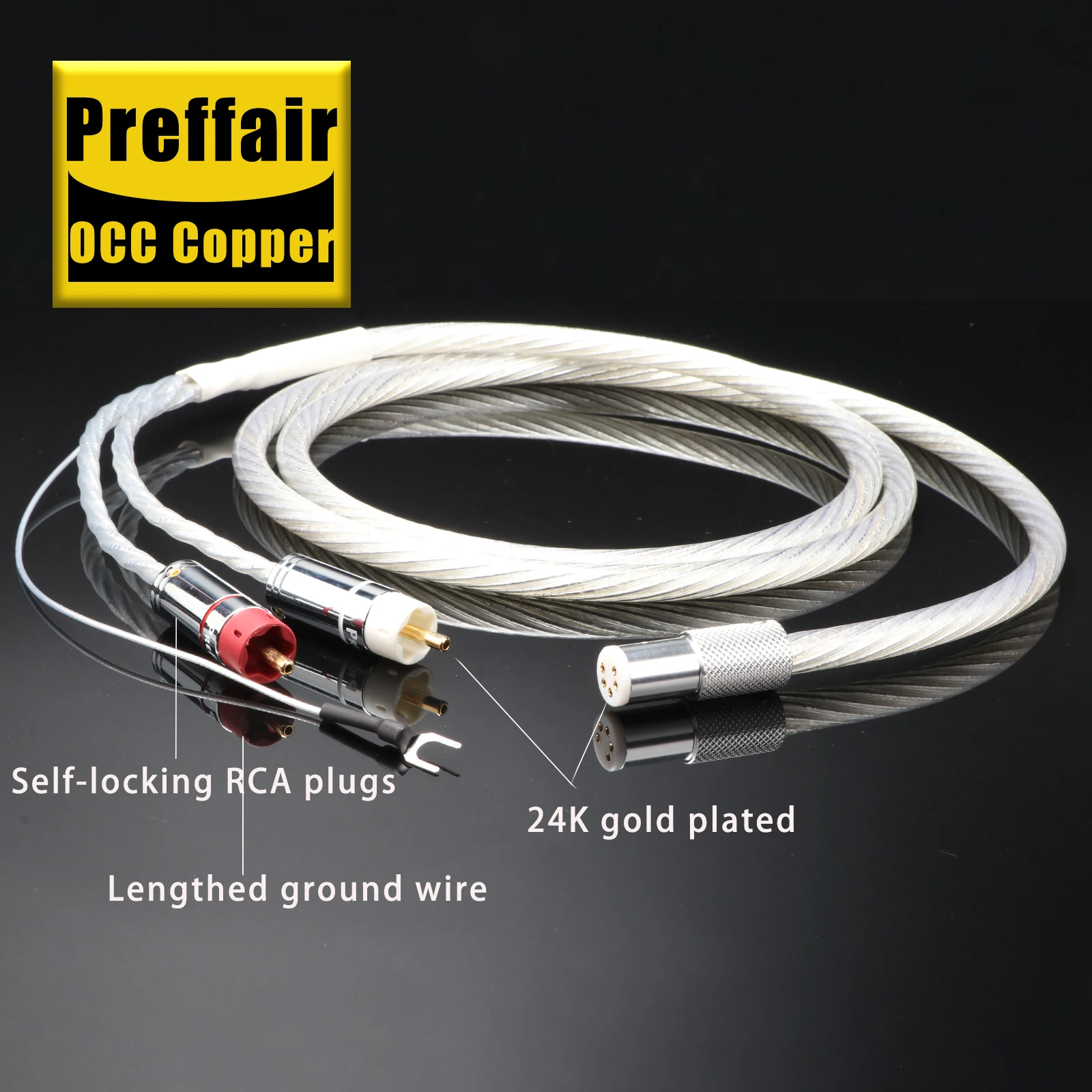 Preffair X417S HiFi OCC Silver-Plated 5-Pin to RCA Tonearm Cable for LP Vinyl Records - Phono Line with Y-Spade Grounding