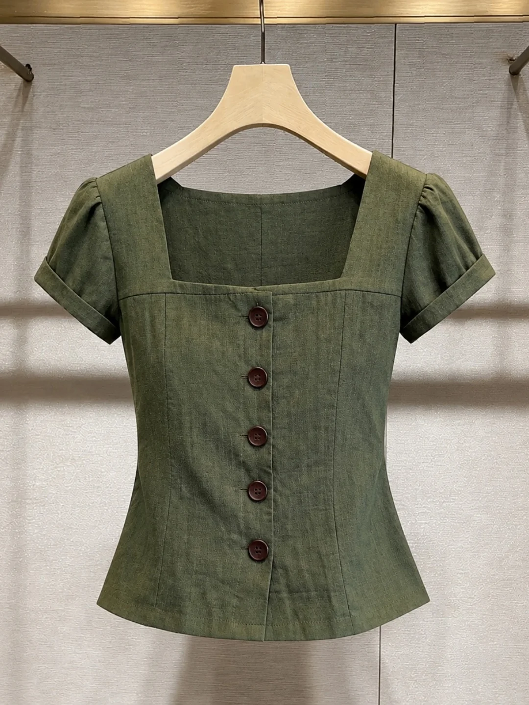 

Elegant Slim Fit Square Collar Single Button Design Short Sleeve T Shirt Summer Anti Aging Versatile Korean Style Top