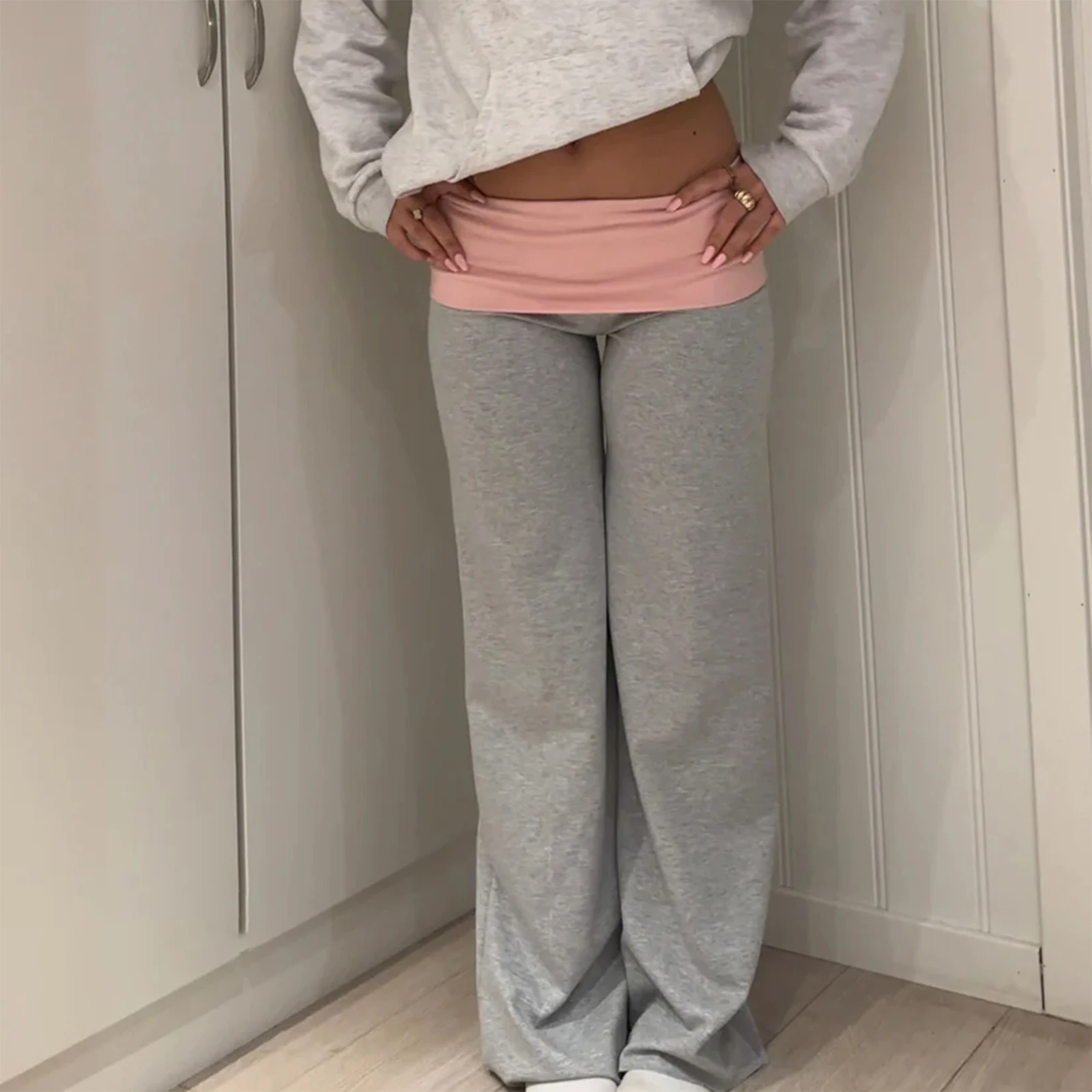 Casual Women Wide Leg Sweatpants Low Rise Flare Lounge Pant Bell Bottoms Y2K Trousers Fold Over Yoga Pants