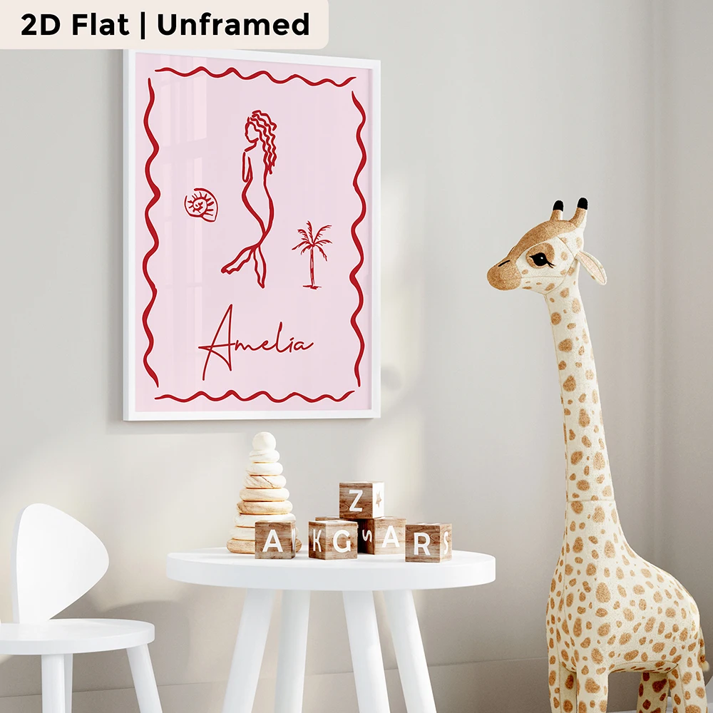 Personalized Custom Name  Pink Wavy Border Mermaid Wall Art Print Picture Canvas Poster Painting For Living Room Home Decor Gift
