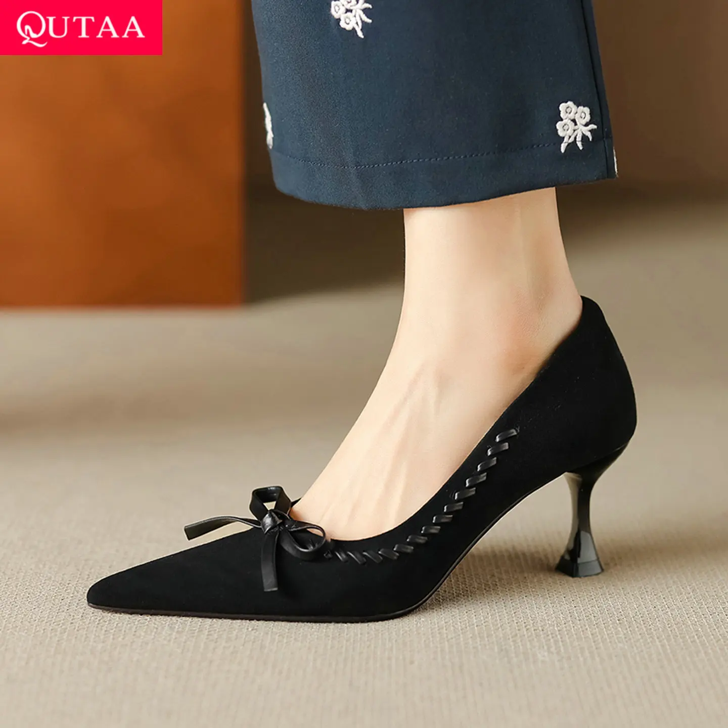 QUTAA 2026 Fashion Spring Women Pumps Shoes Sexy High Heels Sexy Kid Suede Leather Autumn Pointed Toe Shoes Party Dress 34-40