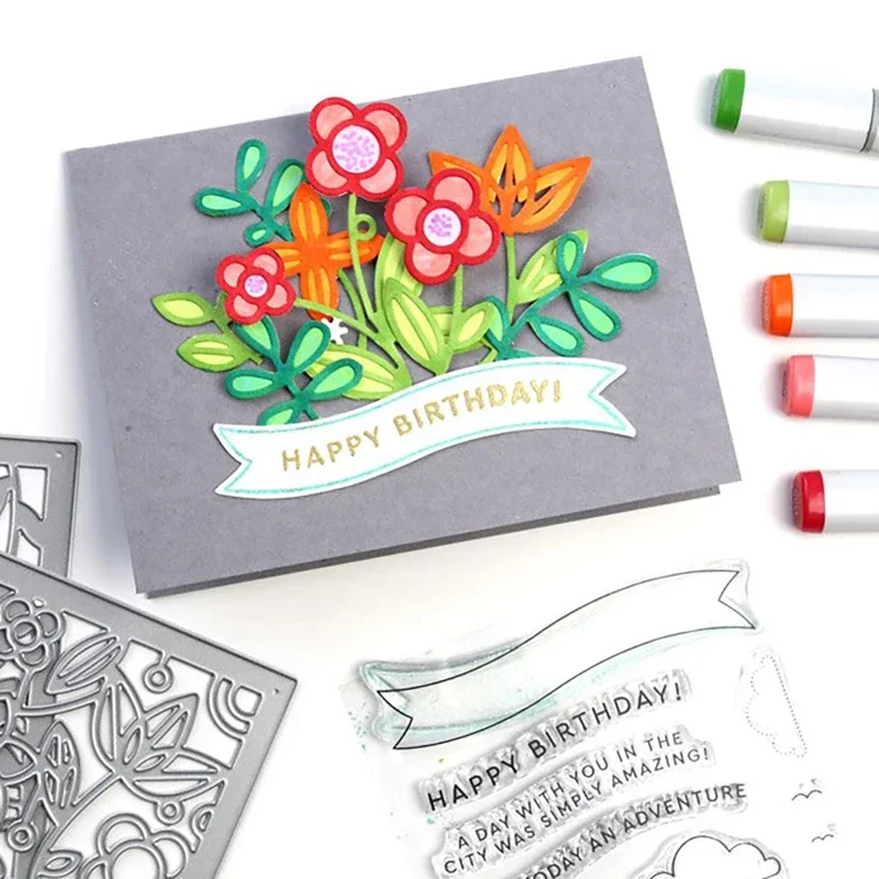 قوالب قطع معدنية ثلاثية الأبعاد وسكرابوكينغ لصنع الورق إطار بطاقة مزخرف بالزهور بدون طوابع #3