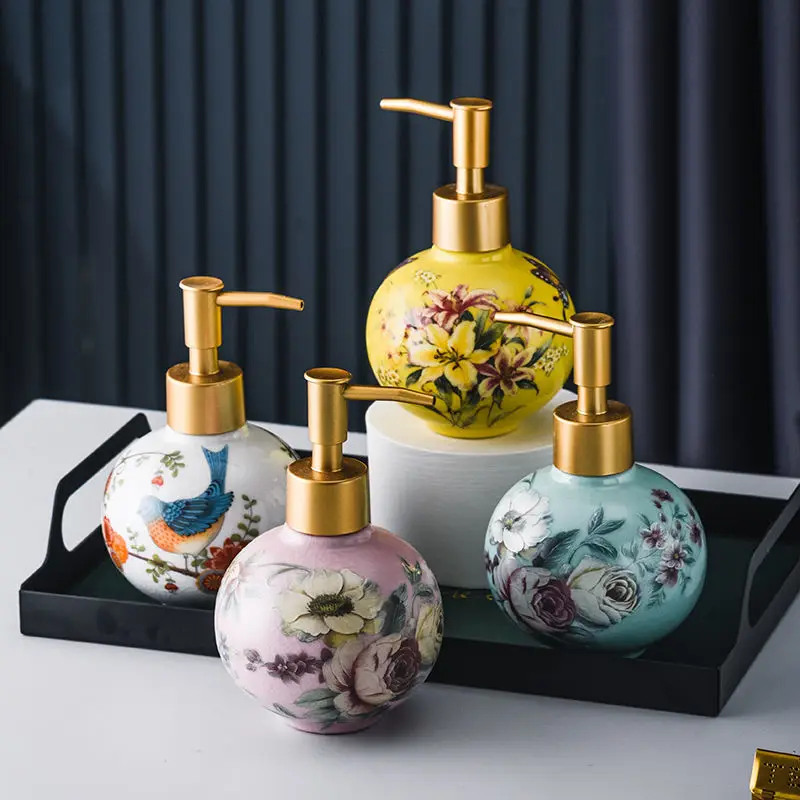 

300ml Home Shampoo Makeup Remover Container Ceramic Sub-bottle Color Flower and Bird Decoration Container Bathroom Accessories