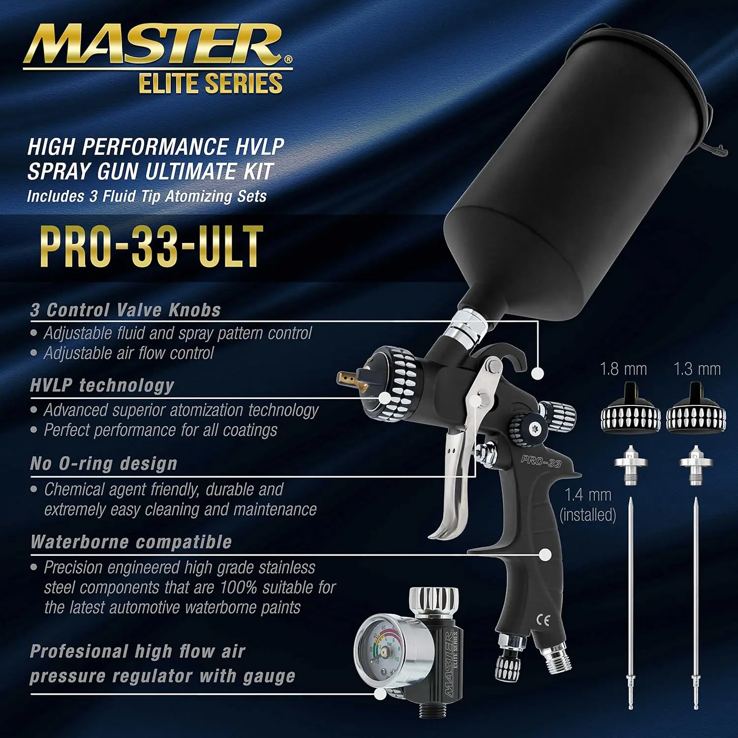 Master Elite High Performance Pro-33 Series Hvlp Spray Gun Ultimate Kit - 3 Fluid Tip Sets 1.3, 1.4 & 1.8Mm And Air Pressure