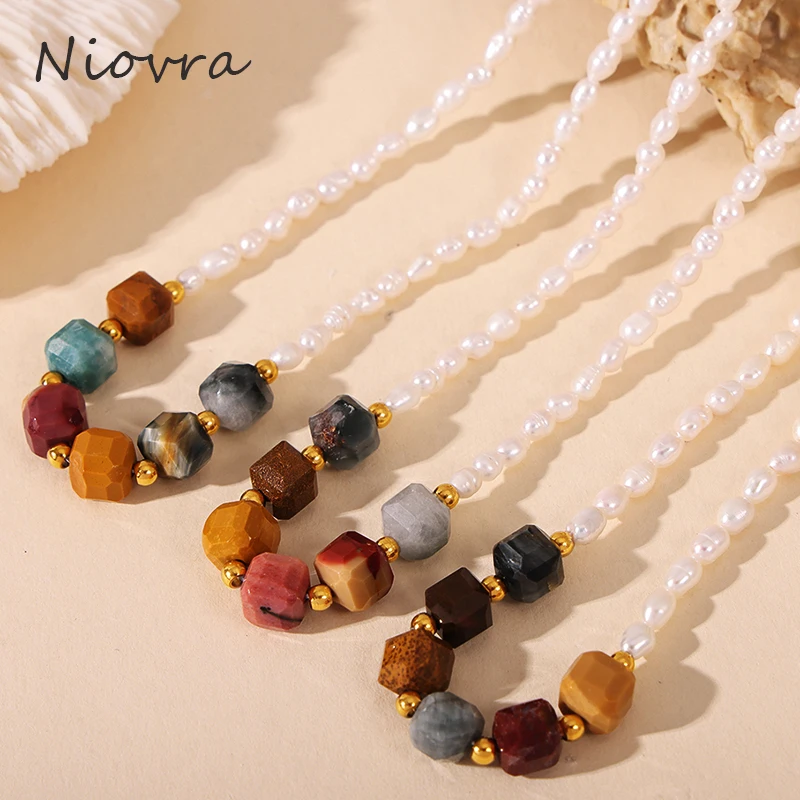 

Nivora Bohemia Natural Stone Necklaces For Women Stainless Steel Pearl Strand Beads Chain Women Choker Fashion Jewelry Gifts