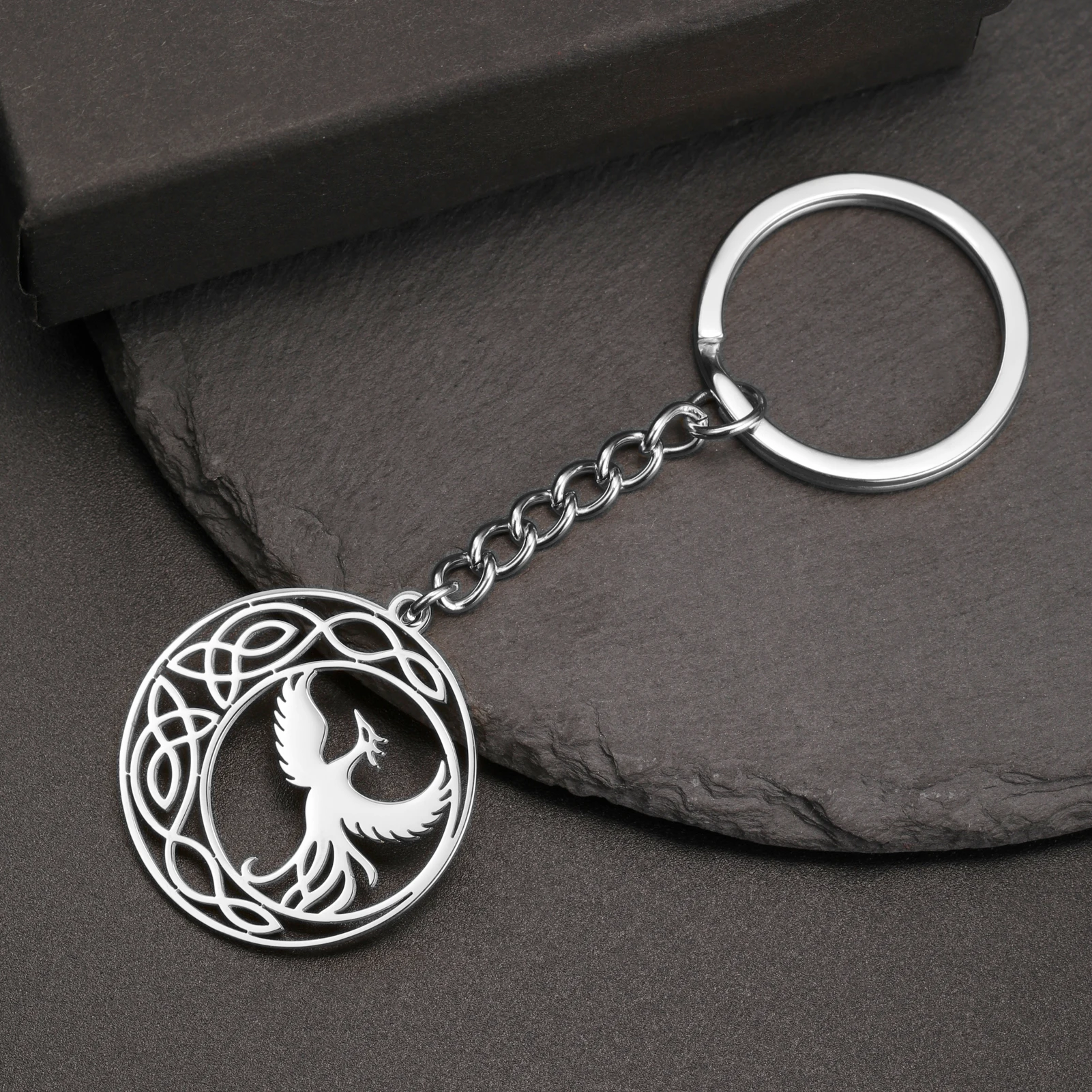 Phoenix Eagle Pendant Keychain Stainless Steel Bird Wings New Moon Celtic Knot Keychain Vintage Talisman Jewelry