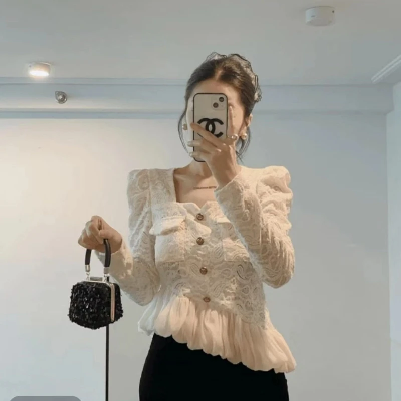 Lace Patchwork Hollow Out Slim Temperament Tops Spring Autumn Long Sleeve Solid Elegant T Shirts Korean Fashion Women Clothing