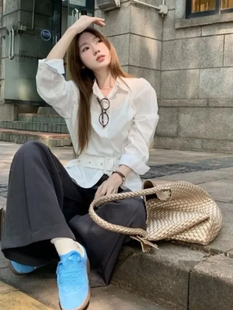 مكتب سيدة بلوزة بيضاء 2025 الملابس النسائية kamas De Mujer رفض طوق قمصان طويلة الأكمام خمر الخريف حزام البلوزات