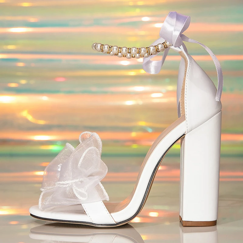 Liyke تصميم الأزياء الأبيض سلسلة حبة الكاحل الدانتيل يصل الصنادل النساء المفتوحة تو فراشة عقدة عالية الكعب فستان الحفلات أحذية حجم 42 #5