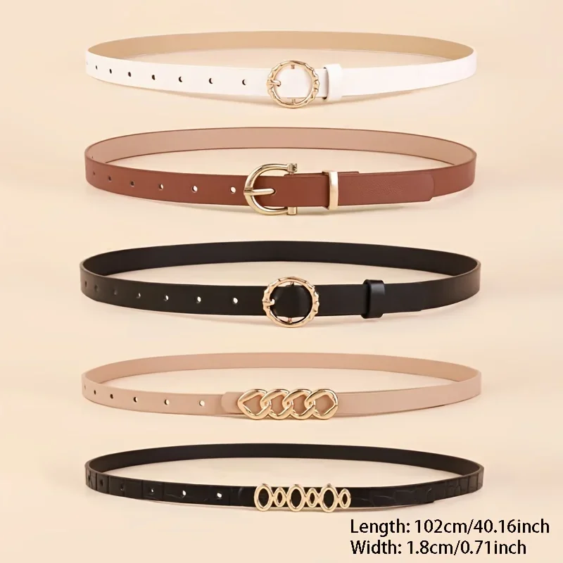 ​ ​ Cinture in PU da 5 pezzi per donna Cinture in vita magre con fibbia in metallo Tinta unita Semplice fibbia ad ardiglione Cintura sottile per pantaloni Jeans Abiti