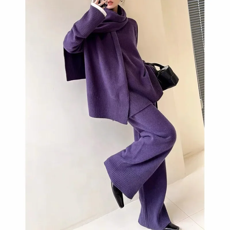 SuperAen Autumn and Winter New Korean Style Loose Casual O-neck Sweater High Waist Long Pants Solid Scarf Women Three-piece Set