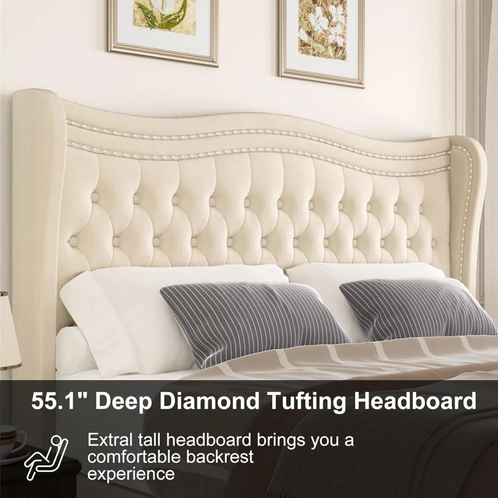 إطار سرير منجد بالحجم الكامل مع لوح رأسي طويل، إطار سرير بمنصة جناح مخملية مع زر عميق معنقدة، بدون صندوق زنبركي N #5