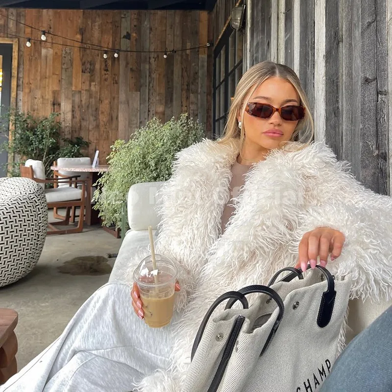 Neo Mint Winter 2025 Trend Burgundy Obsession Long Faux Mongolia Sheep Fur Jacket Coat Women Chic Lapel Collar Fluffy Overcoat