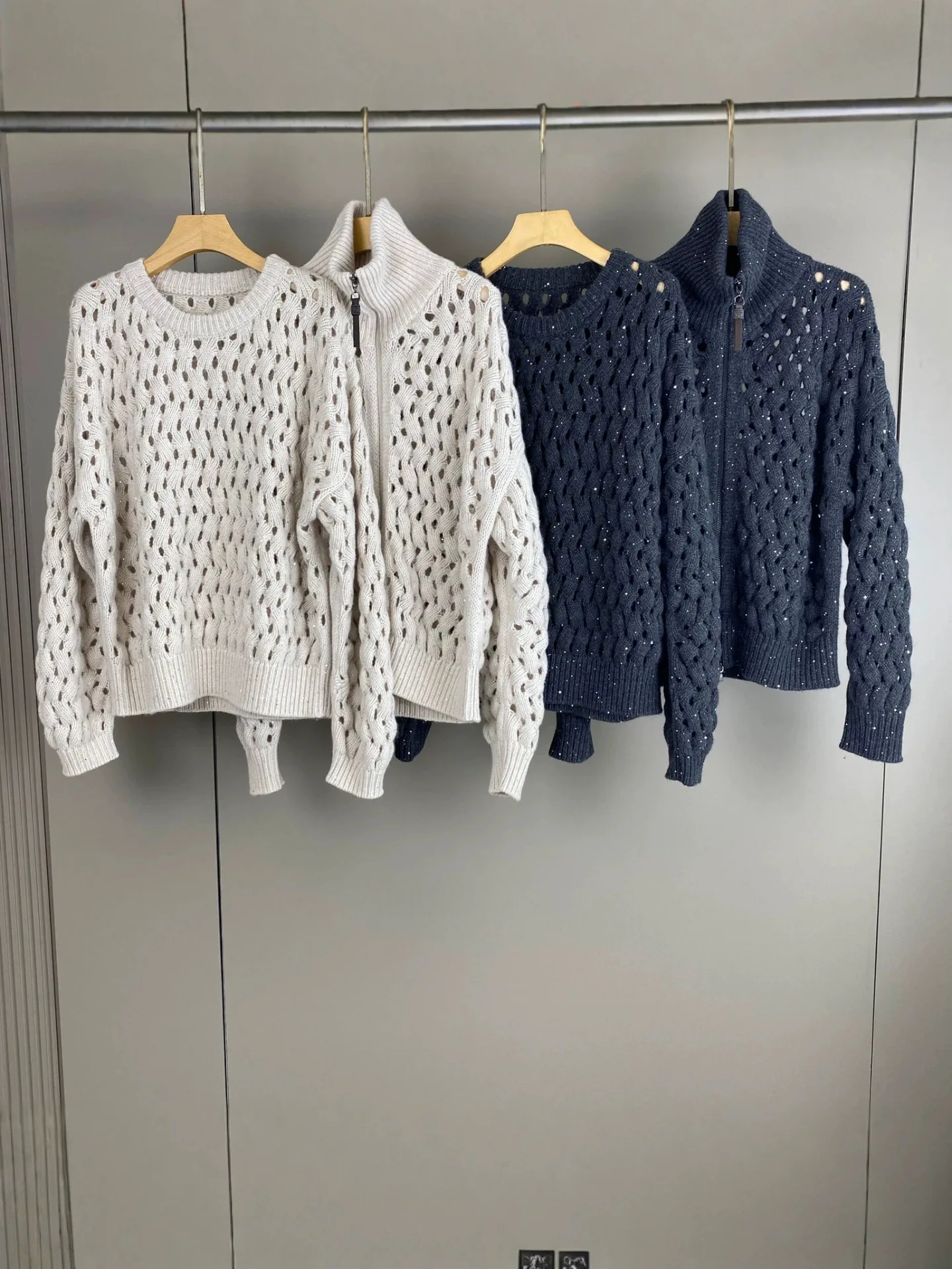 Women's New Autumn/Winter 2026 Cashmere-Wool Blend Sequined Cut-Out Knit Cardigan