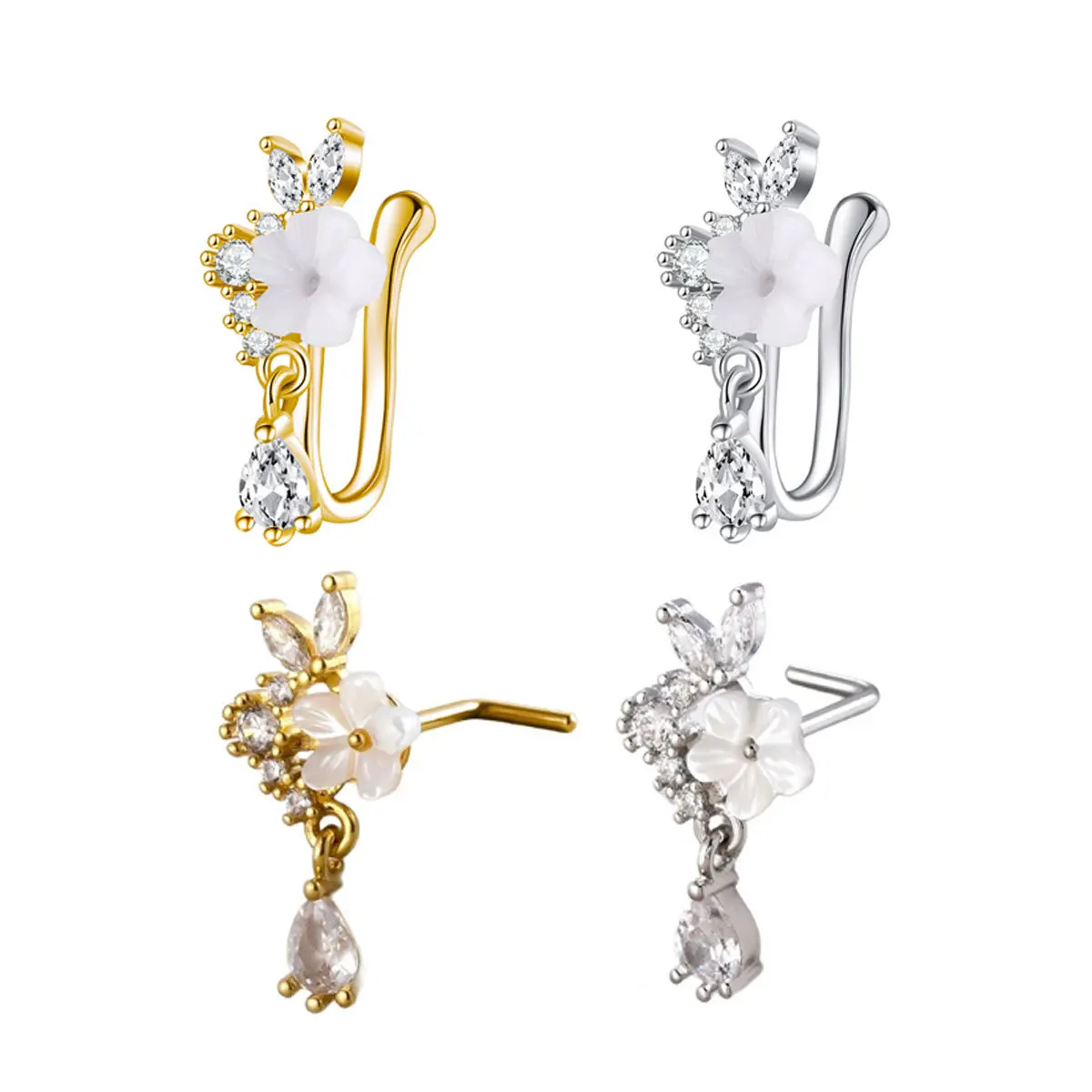 Gold Flower Nose Ring with Dangle CZ Crystal Teardrop Nose Hoop 18G Surgical Steel Cottagecore Fairycore Aesthetic Jewelry view 5