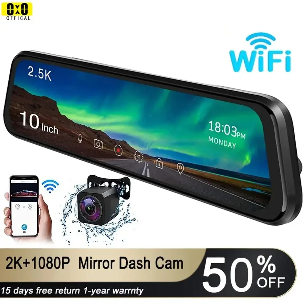 Mirror DVR with WIFI Car Rearview Mirror Recorder 2K Dash Cam Registrar Rear View Camera Vehicle Black Box