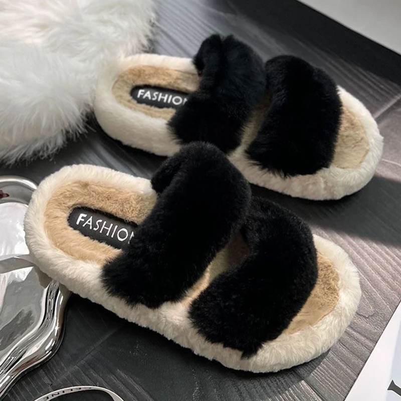 Rimocy Thick Bottom Plush Slippers Women Winter Fashion Double Strap Warm Fur Slides Woman Indoor Non-Slip Warm Home Slippers