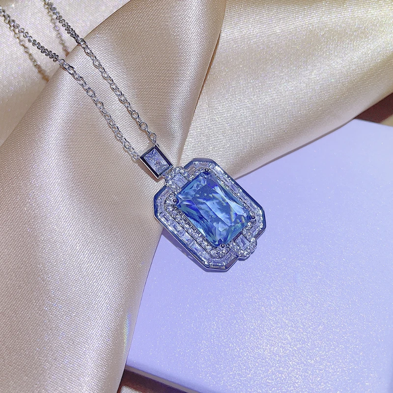 European Style Fashion Geometric Square Blue Crystal Zircon Necklace Set S925 Sterling Silver Luxury Banquet Party Jewelry