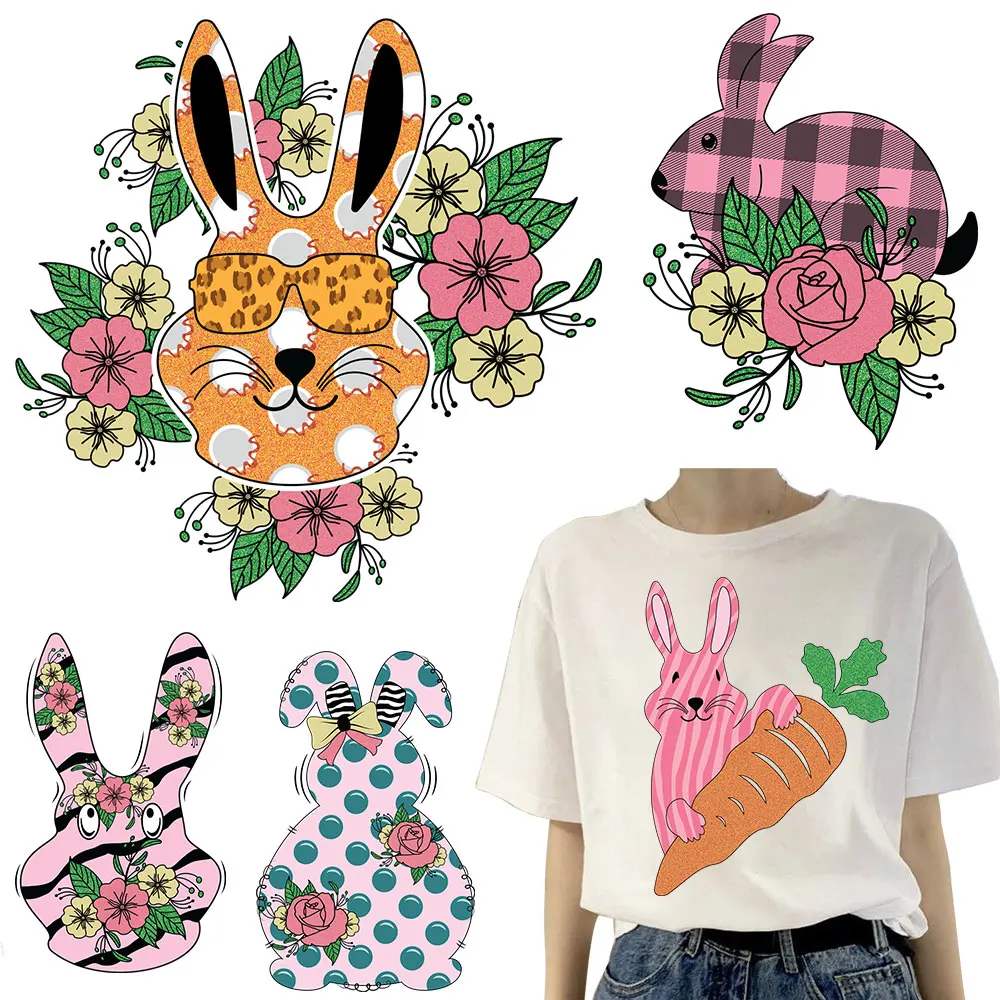 Spot Rabbits Iron On Transfer Heat Transfer Tops Vinyl Appliqued Diy Carrot Thermal Patches Clothing Print On Girl T-shirt Shoes