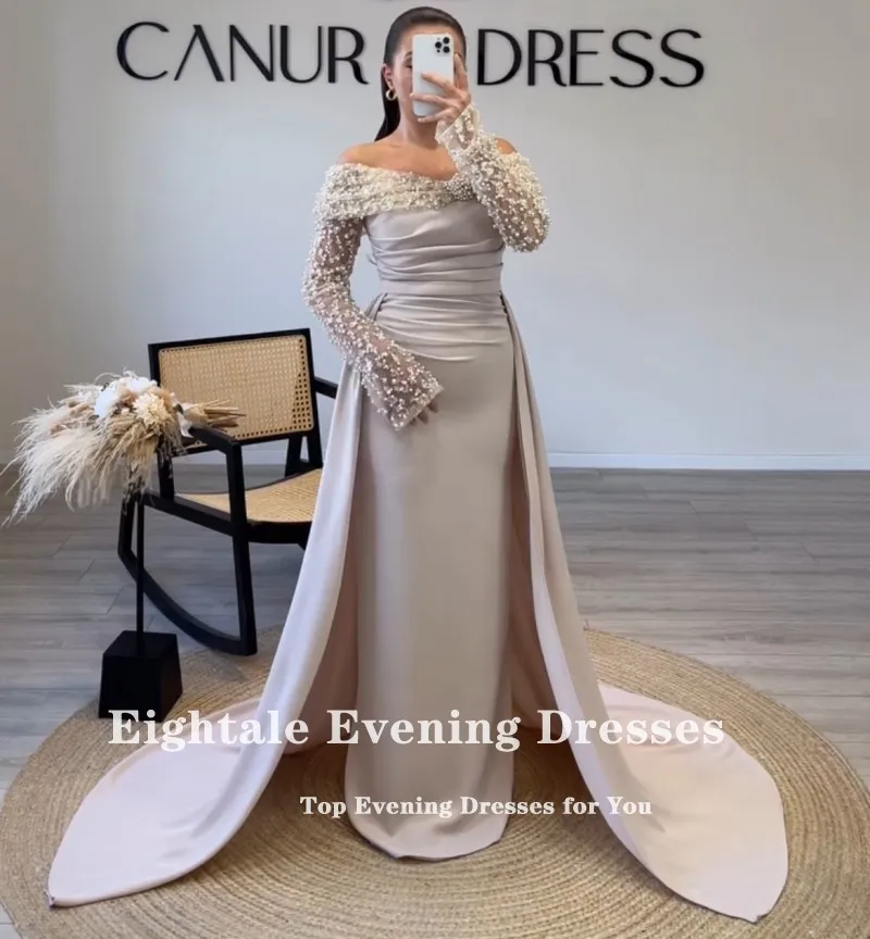 Eightale Arabic Evening Dress off Shoulder Sequin Pearls Long Sleeves Customized Mermaid Wedding Party Dress Vestido De Noche image 3