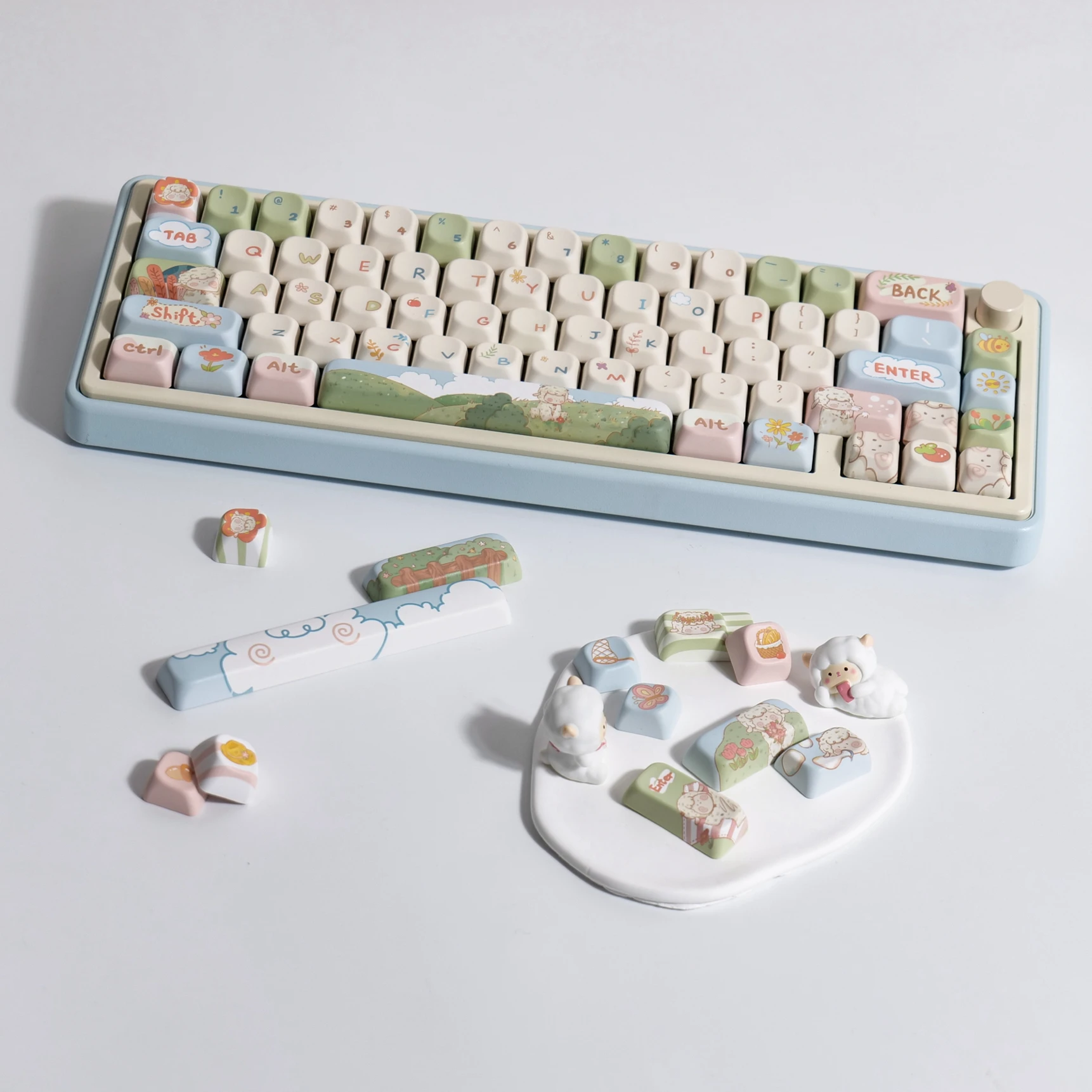 Sheep Picnic Theme Keycaps Lovely PBT Material Sublimation XOA/FOA/MDA Profile Keycaps Mechanical Keyboard Accessories Gifts