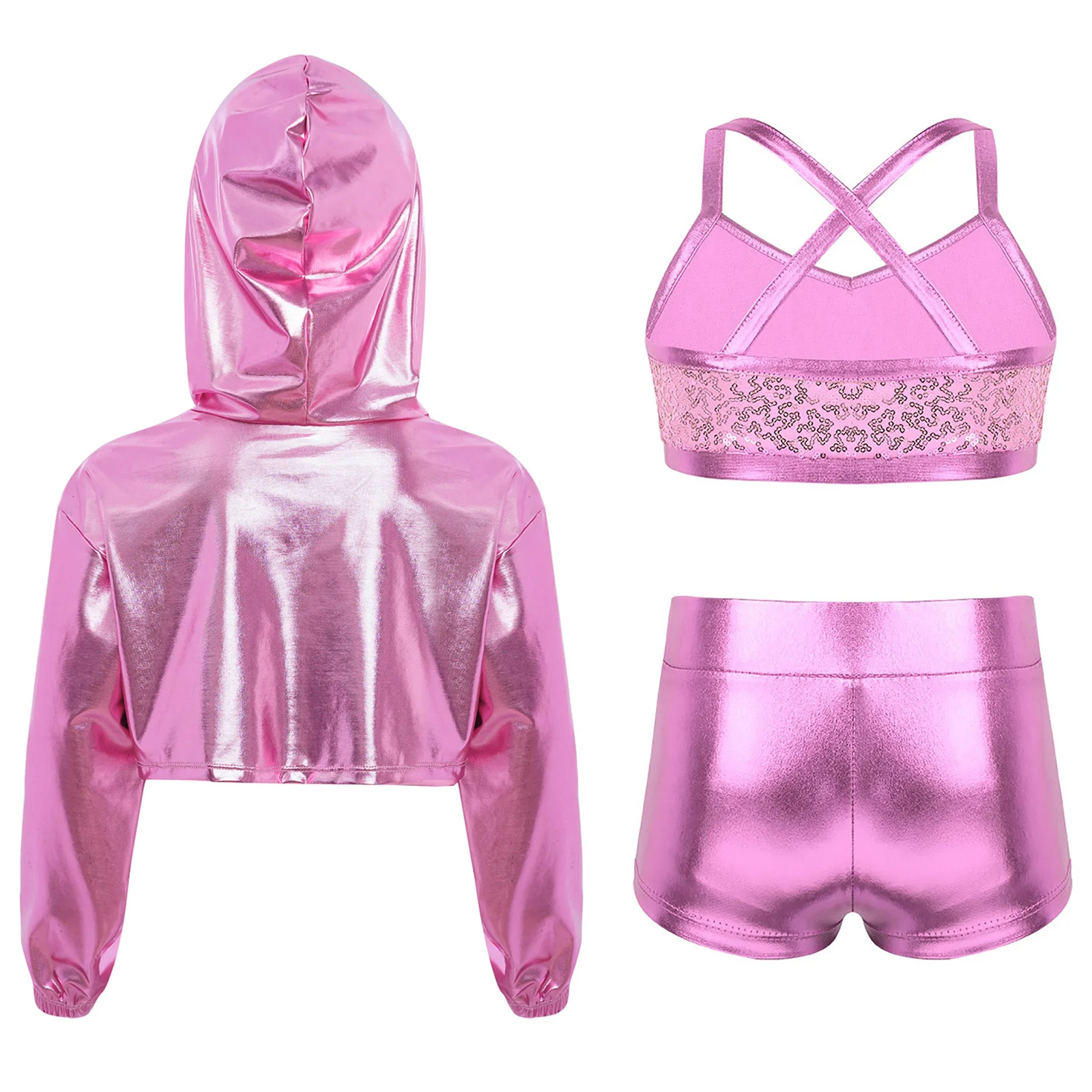 3 pçs/set crianças meninas hip-hop jazz dança desempenho traje manga longa metálico recortado hoodie com cruz de volta colete e calças