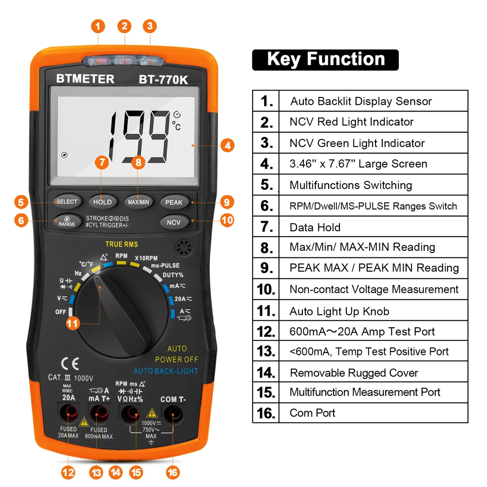 Imagem -02 - Multímetro Digital Bt770k Auto Ranging para Dwell Angle Pulse Largura Tach Temperatura Duty Corrente Tensão Resistência Teste