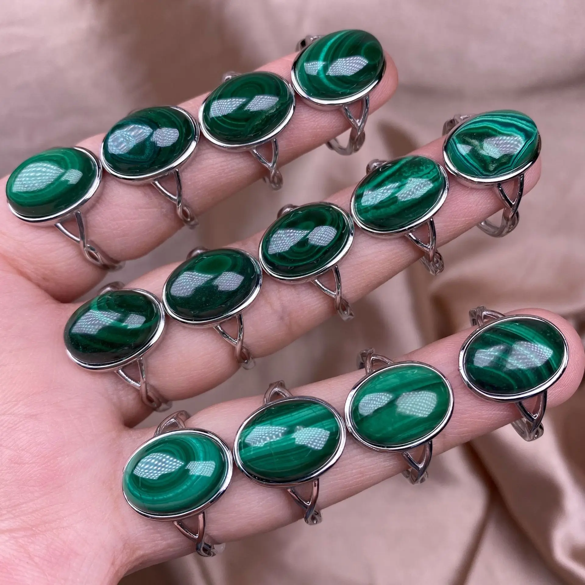 Natural Oval Malachite Ring Green Crystal Gemstone Copper Silver Plated Rings Jewellry For Women