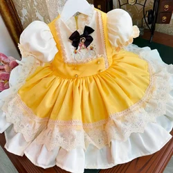 Baby Girl Summer Pumpkin Carriage Flower Embroidery Yellow Turkish Dress for Birthday Holiday Photography Eid Party Casual B251