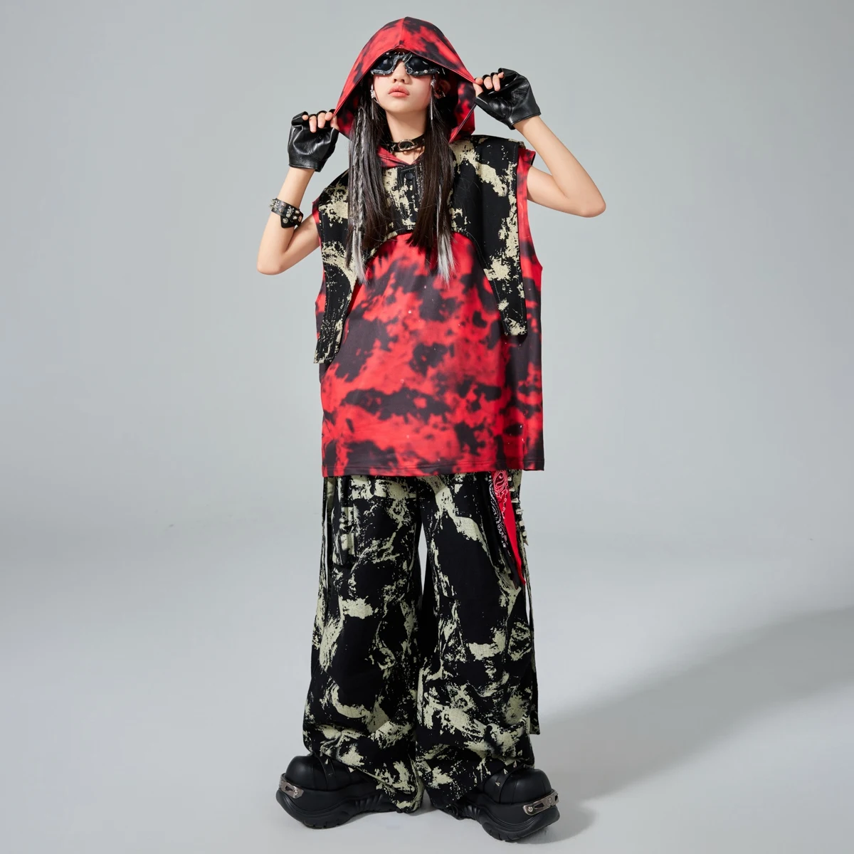 Hip Hop Danskostuums Kinderen Show Jazz Outfit Rode Hoodie Camouflage Broek Kid Mode Kleding Street Dance Wear AMY2421