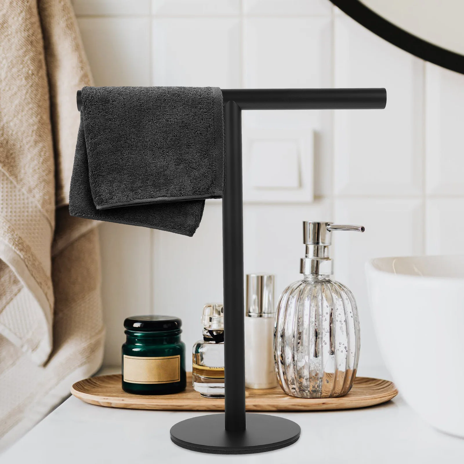 ステンレス鋼 T 字型タオルラック立ち浴室カウンタートップタオルホルダーキッチン化粧台収納オーガナイザーラック用