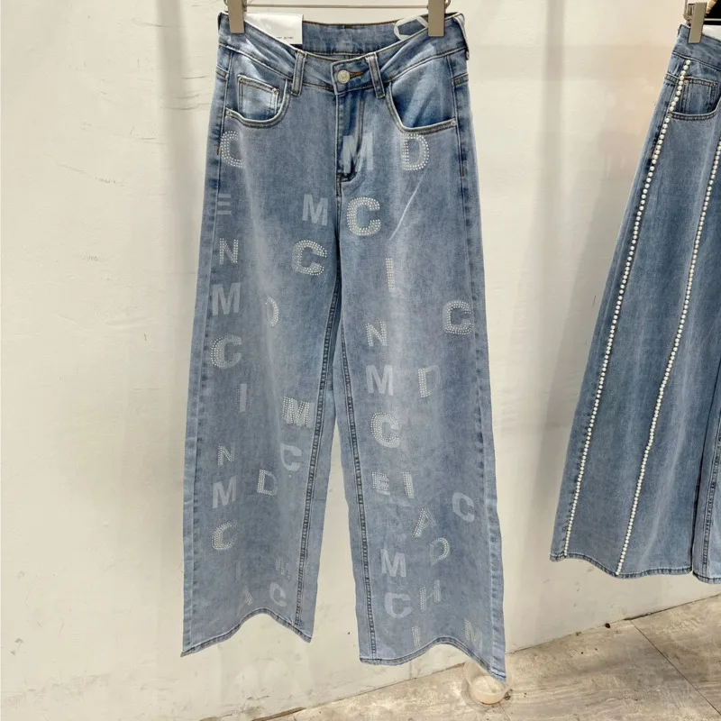 Spring/Summer 2024 New Denim Wide Leg Pants Women's High Waist Loose Slimming Letter Hot Rhinestone Pants