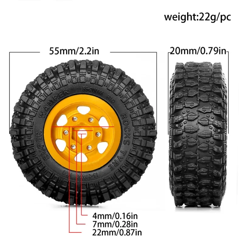 CYGJ-업그레이드 부품- 4개 메탈 비드락 휠&림 고무 타이어 세트 (Axial SCX24 UDIRC FMS Camel Trophy 1/24 RC 크롤러 자동차용)