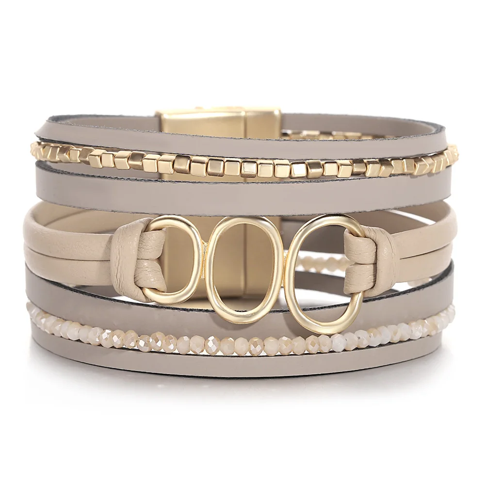 ALLYES düzensiz daire deri bilezikler kadın erkek moda Metal kristal boncuklu çok katmanlı Wrap geniş bilezik Charm takı
