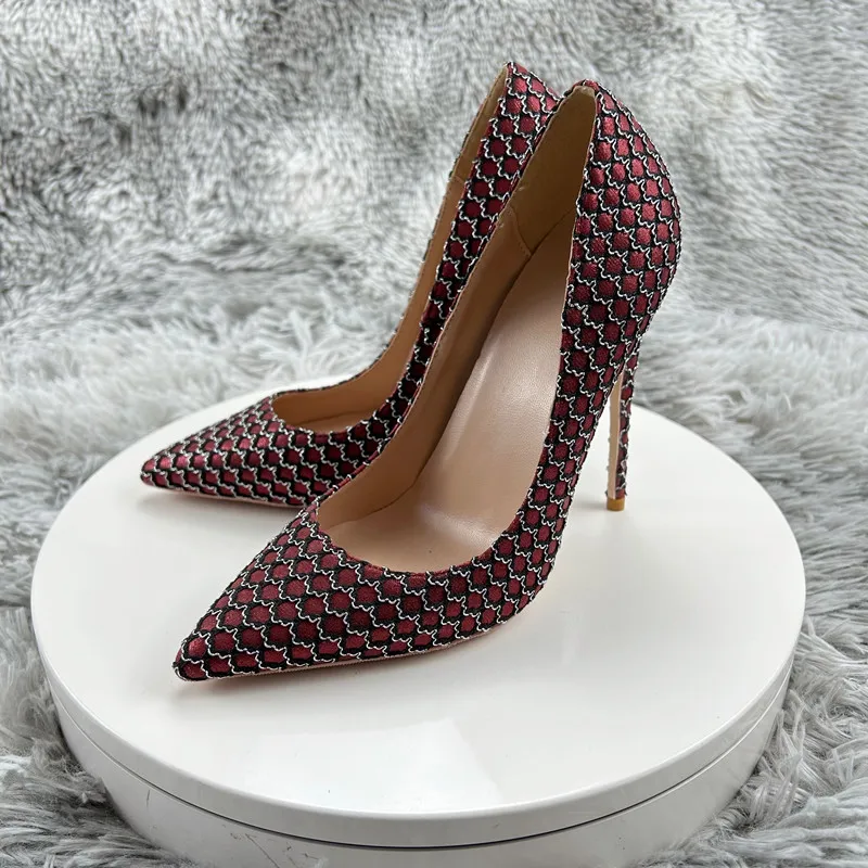 Tikicup Mesh Pattern Women Sexy Wine Red Pointy Toe High Heel Shoes Burgundy Slip On Stiletto Pumps for Party Show 8cm 10cm 12cm