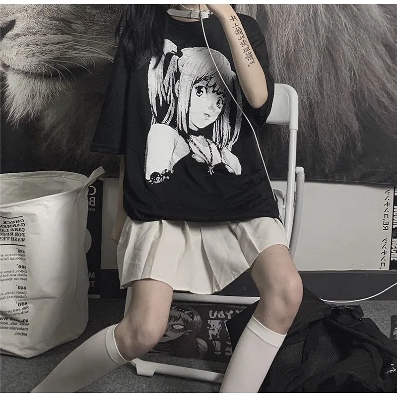 Japan Style Grunge E Girl Top Mujer Anime Print T-Shirts Women Black Goth Graphic Tees 2022 Summer Alt Clothes Punk Chic