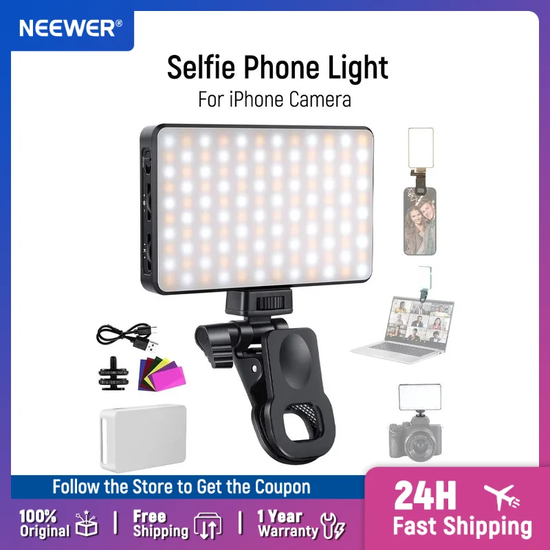 

NEEWER BASICS LED Selfie Phone Light, Rechargeable 2500-9000K Clip On Fill Light, Color Films/Diffuser/3000mAh for iPhone Camera
