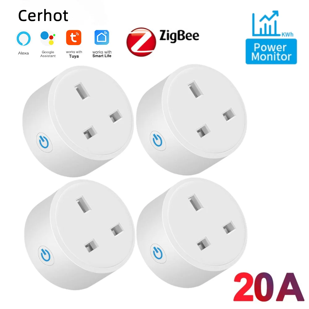 Cerhot Tuya ZigBee Plug Smart Socket 20A Power Monitor Smart Plug UK Socket 3pin Outlet Adapter with Energy Timer Work For Alexa