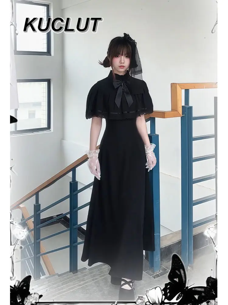 

FrenchHepburn Style Short Sleeve Women's Black Dresses Summer 2025 New High-end Cape Waist Thin Long Dress for Lady Fashion
