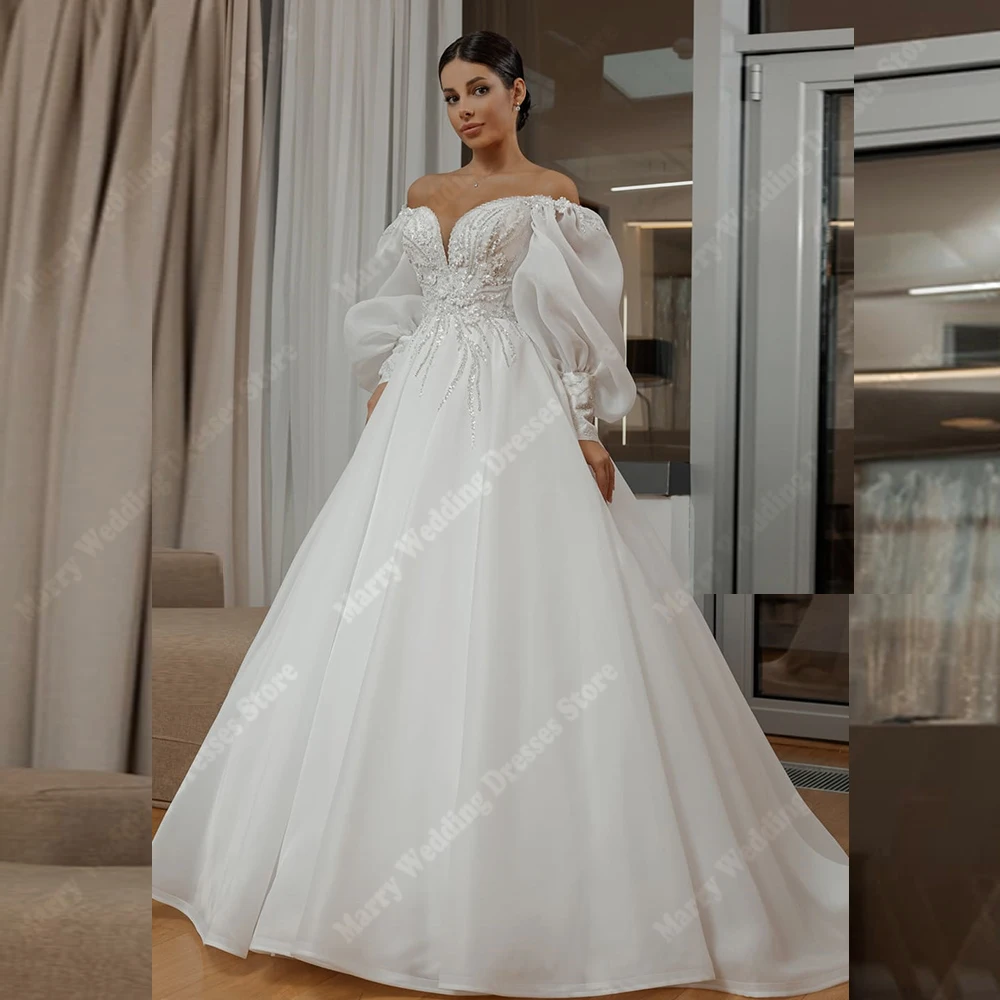 

Off Shoulder Women Wedding Dresses Sweetheart Collar A-Line Bridal Gowns Sexy Backless Sleeveless Ball Robe De Mariée Customized