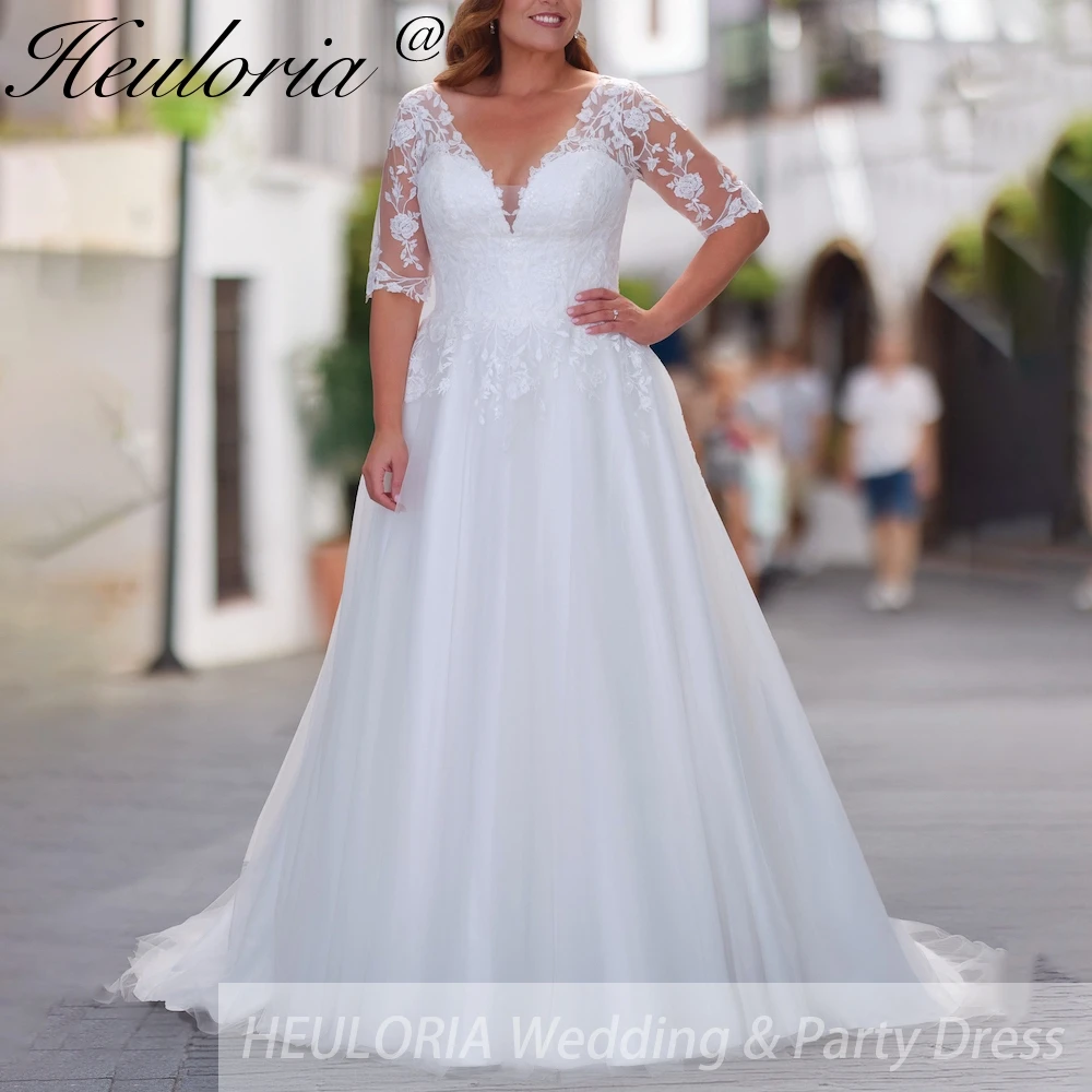 Gaun pengantin ukuran besar HEULORIA, model V-neck, lengan setengah, renda, rok organza, model A-line, Robe De Mariee.
