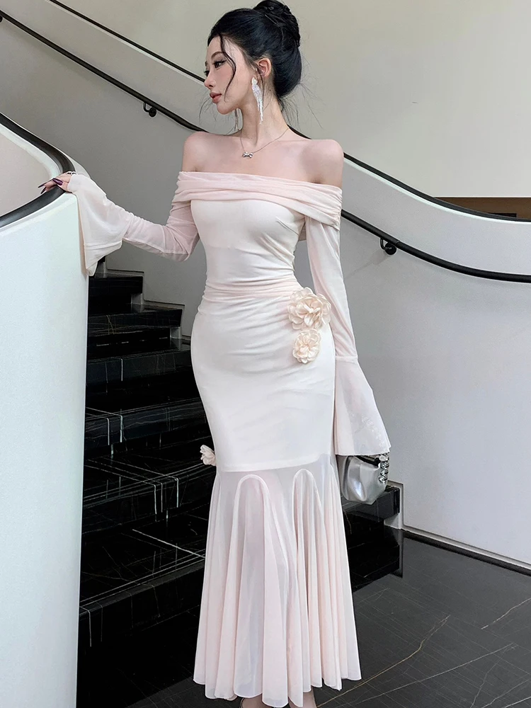 Robe longue à volants en maille Patchwork pour femmes, couleur unie, élégante, manches évasées, col Slash, automne hiver, robe de bal moulante coréenne, 2025