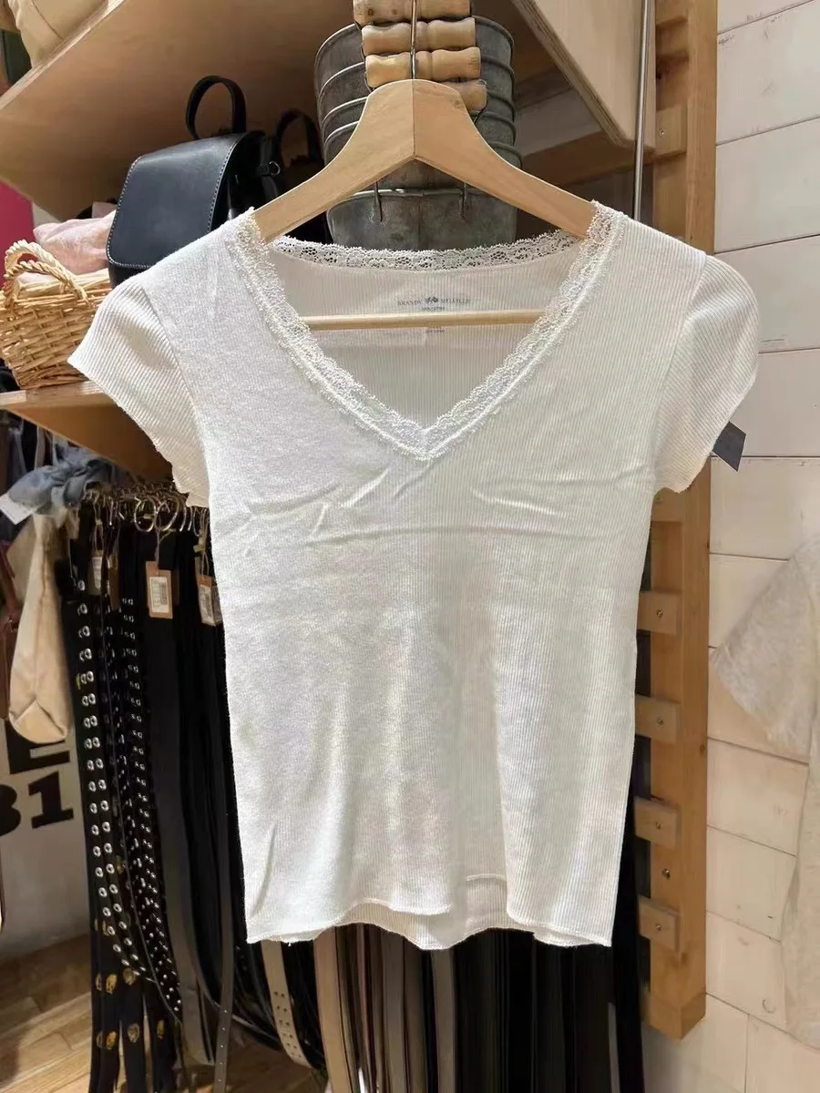 

Lace Trim T-Shirt Women Summer Clothing 2024 Cotton Kawaii Cute Short Sleeve Sexy Tees Tops Youthful 2000s Y2K Trending T-Shirts