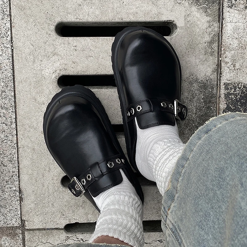 

Original metal buckle big scalp slippers for men new 5CM height increasing leather Boken shoes for outerwear
