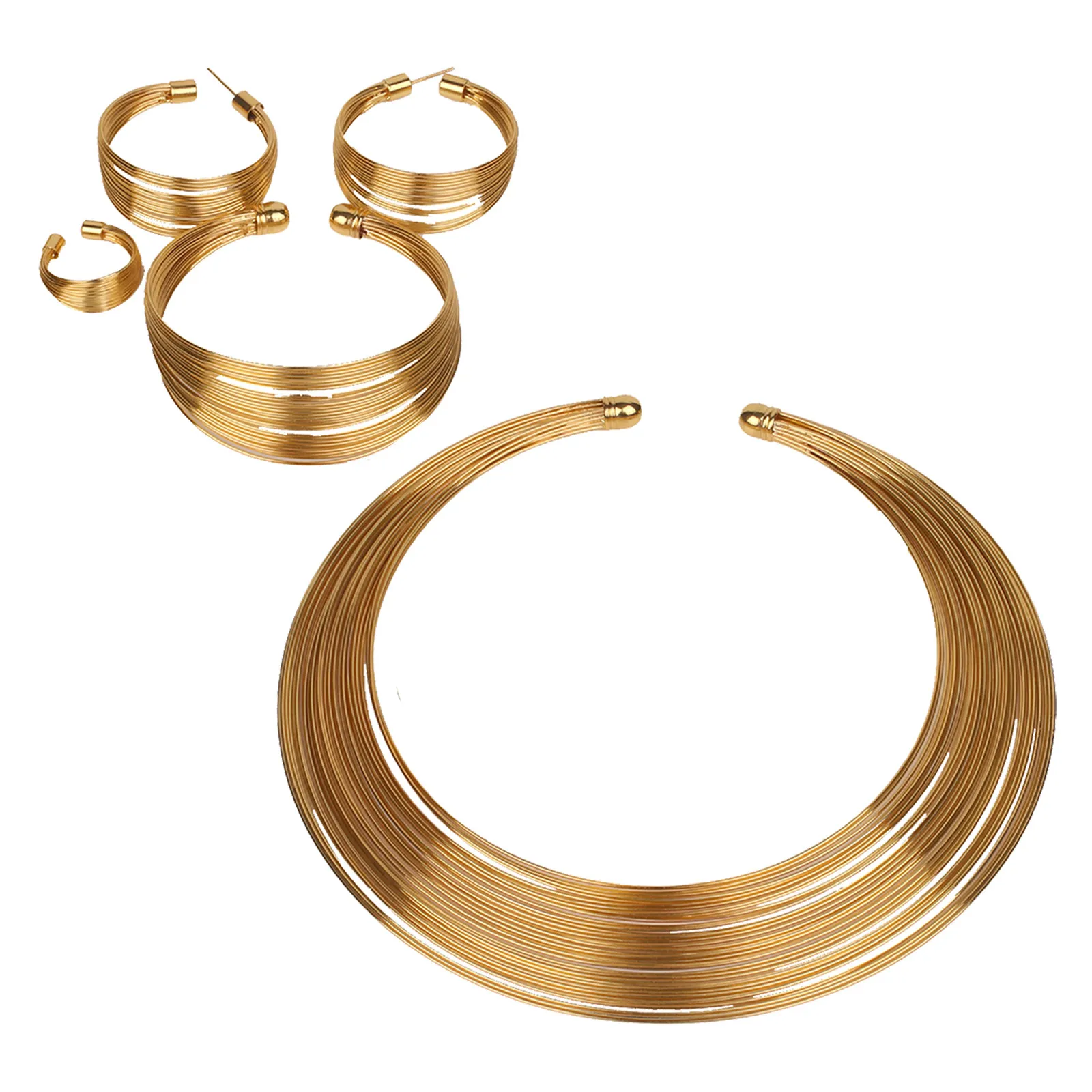 Gold Plated Steel Wire Necklace Set 4 Piece Multi Strand African Tribal Bridal Wedding Party Jewelry