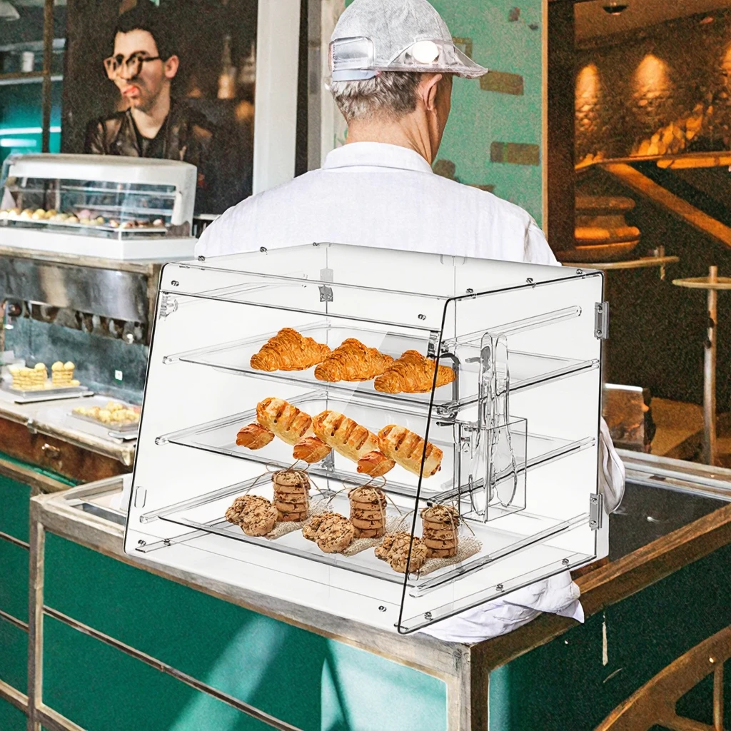 Custom modern style acrylic lightweight freestanding three-layer bread display stand, environmentally friendly recyclable