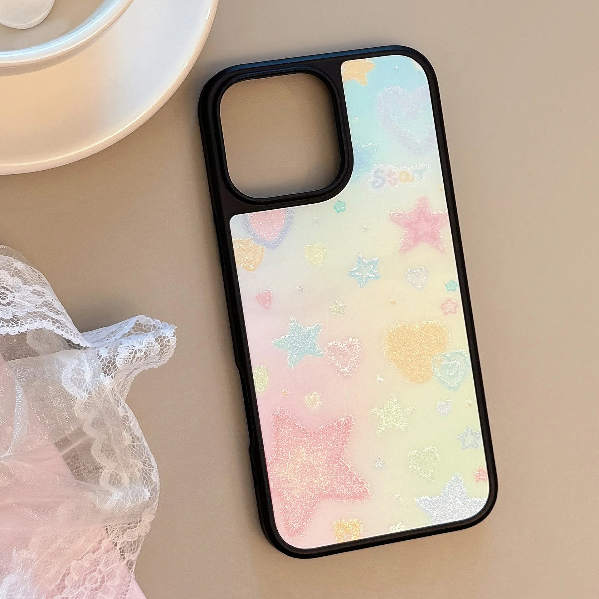 الكورية إطار أسود بريق التدرج الحب القلب نجوم جراب هاتف آيفون 16 15 14 12 13 برو ماكس للصدمات الغطاء الواقي